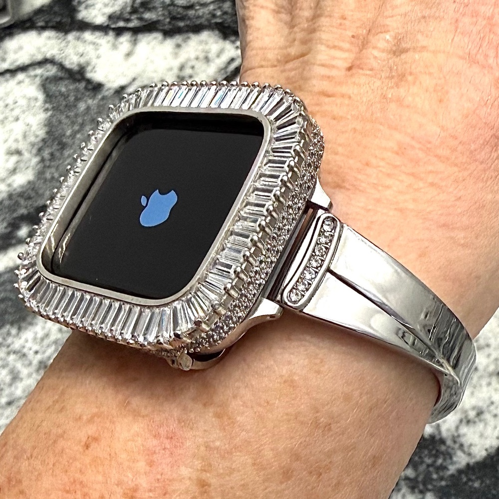 2 pc Apple Watch set white gold lab diamond case and crystal band classy bling